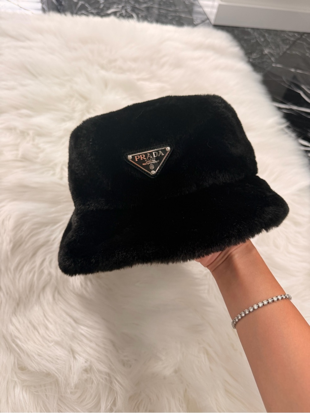 Prada Black Faux Fur Bucket Hat